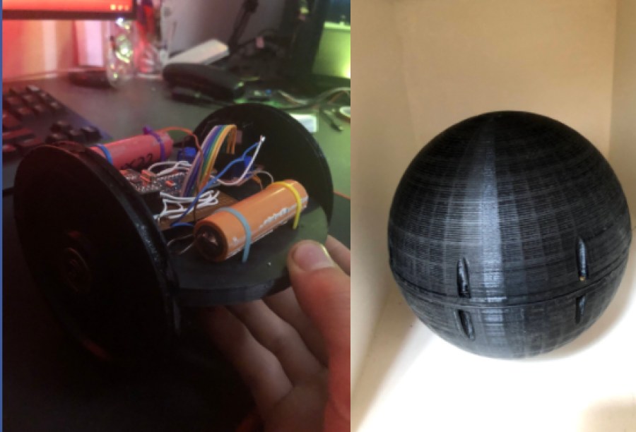Rolling BB8 style RC car prototype and black spherical shell