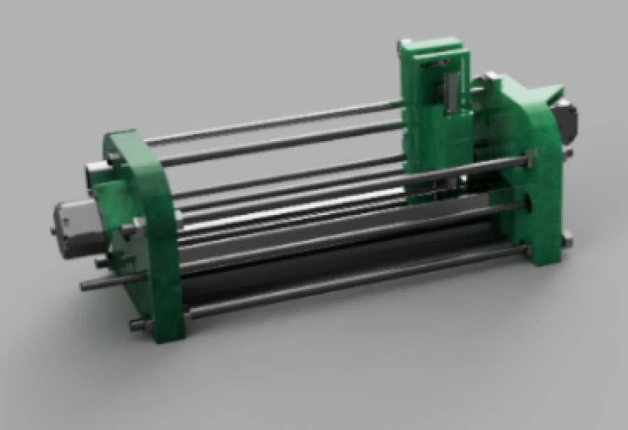 Green CNC A3 plotter render with gantry and rails