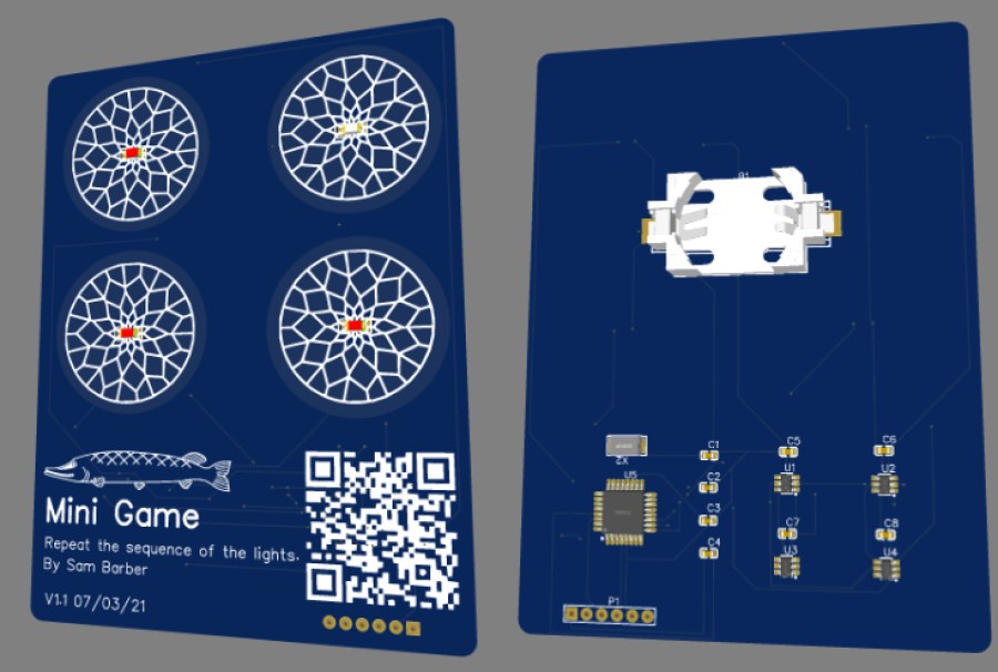 Blue credit card sized Simon game PCB front and back